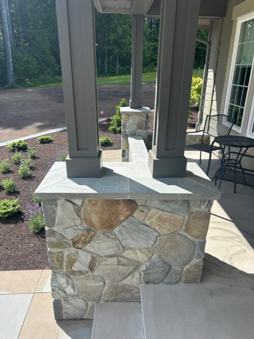 Exterior natural veneer stone posts and facing using K2 Arbutus Fieldstone - Black Creek BC